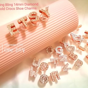 Super Bling 14mm Diamond ROSE GOLD Crocs Shoe Letter Charm Paw Diamond Shoe Charm Crown Diamond Charm Heart Charm Diamond Star  Charm