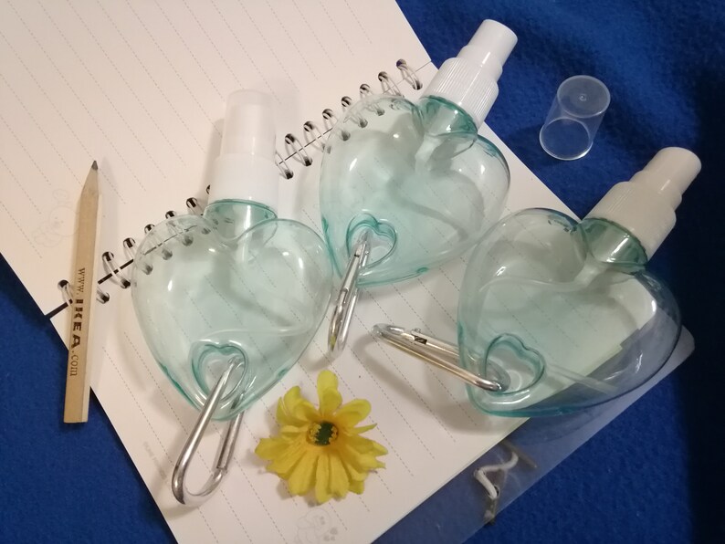 50ml/1.7 oz Transparent Blue Empty SPRAY Bottle with Aluminum Buckle Plastic Heart Shape Spray Bottle Hanging Spray Bottle Clear Hook Bottle Size Comparison with a pencil