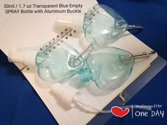 50ml/1.7 oz Transparent Blue Empty SPRAY Bottle with Aluminum Buckle Plastic Heart Shape Spray Bottle Hanging Spray Bottle Clear Hook Bottle