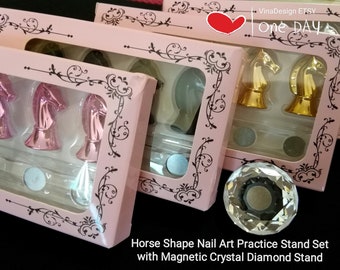 DIY Horse Shape Nail Art Practice Stand w/Magnetic Crystal Stand Nail Art Holder Diamond False Nail Art Display Tool Horse False Nail Holder