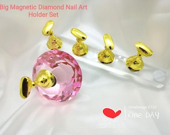 DIY Big Magnetic Pink Crystal Diamond Nail Art Holder Set w/1 Clear Acrylic Magnetic Stand False Nail Display Tool Nail Art Practice Stand