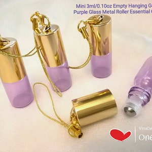 Mini 3ml / 0.10oz Empty Hanging Gold Cap Purple Glass Metal Roller Essential Oil Bottle Purple Glass Essential Oil Vial w/ Gold Hanging Rope