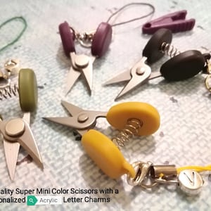 Super Mini Color Scissors w/ Personalized Mini Silver Letter Charms Mini Scissor KeyChain Phone Charm Cute Scissors Portable Scissors w/ Cap