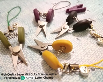 Super Mini Color Scissors w/ Personalized Mini Silver Letter Charms Mini Scissor KeyChain Phone Charm Cute Scissors Portable Scissors w/ Cap