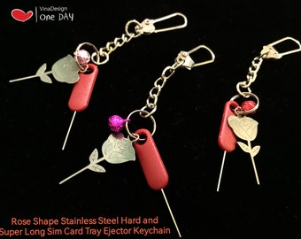 Rose Shape Stainless Steel Hard and Super Long Sim Card Opener Keychain Sim Card Tray Ejector Sim Card Open Needle Long Sim Card Ejector Red