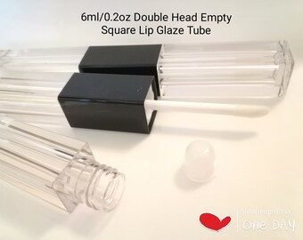 May include: Two clear plastic tubes with black caps and a white applicator. The tubes are 6 ml / 0.2 oz and are labeled "Double Head Empty Square Lip Glaze Tube".