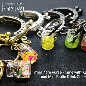Small 4cm Purse Frame with Keychain and Mini Fruit Drink Charms Small Gold Half Round Small Sew On Purse Frame w/ keychain Doll Purse Frame