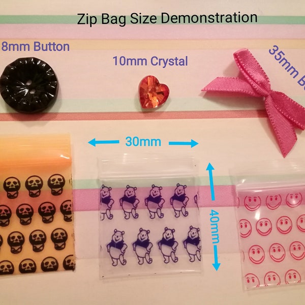 Mini 3cmx4cm 100 pcs Plastic Zip Bag w/ Skull Pattern Mini Purple Bear Zip Plastic Bag Smiley Face Pattern Zip Bag Cute Pattern Reusable Bag