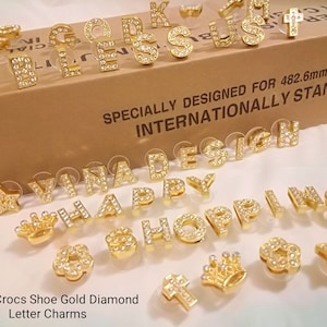 Super Shine 14mm Diamond Gold Shoe Letter Charm Diamond Crown Shoes Charm Diamond Cross Charm Star Shoes Charm Flower 0-9 Number Shoe Charms