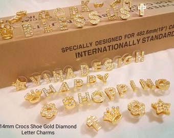 Super Shine 14mm Diamond Gold Shoe Letter Charm Diamond Crown Shoes Charm Diamond Cross Charm Star Shoes Charm Flower 0-9 Number Shoe Charms