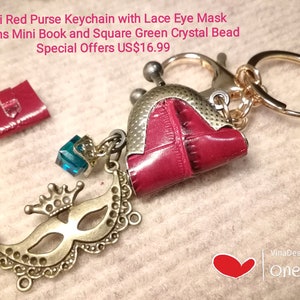 28mm Mini Red Purse Keychain w/ Eye Mask Charms Square Green Crystal Bead and Mini Book Keychain Lace Eye Mask Keychain Mini Purse Keychain