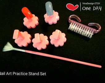 5 pcs Pink Flower Shape False Nail Holder Long Powder Brush Nail Brush Nail Set Art Display Stand Plastic Nail Stand Nail Art Practice Stand