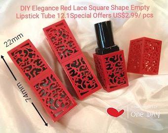 Elegance Red+Black Lace Style Square Shape Empty Lipstick Tube 12.1 Empty Lipstick Bottle 12.1 Lipstick Container Red Square Lipstick Tube