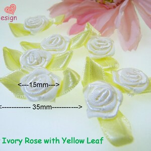 35mm Light Ivory Rose Flower with Leaf Small Yellow Rose with Leaf Small Ribbon Rose with Leaf Mini Ribbon Rose with Leaf Ivory Rose Flower