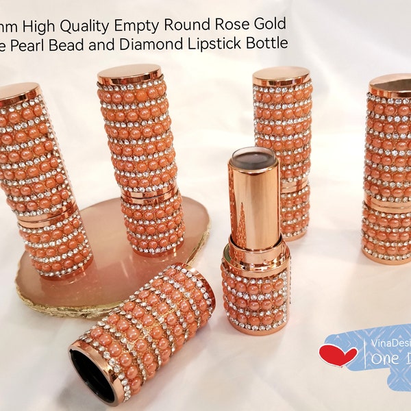 12.1mm Empty Rose Gold Orange Pearl Bead & Diamond Lipstick Bottle Round Pearl Lip Stick Tube Rose Gold Lipstick Tube  Diamond Lipstick Tube