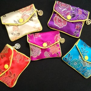 Small 60mm x 80mm Chinese Embroidered Zipper Pouch w/ Chinese Character Charms Jewelry Storage Pouch Silk Zipper Bag Chinese Letter Charm
