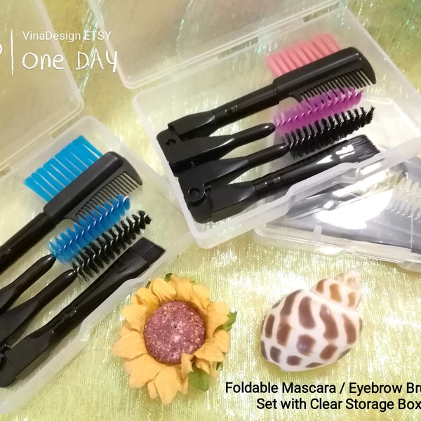 Foldable Cosmetic Brush Set w/Storage Box Double Head Eyebrow Brush Set Folded EyeBrow Comb Foldable Eyelash Brush Mascara Brush Makeup Tool