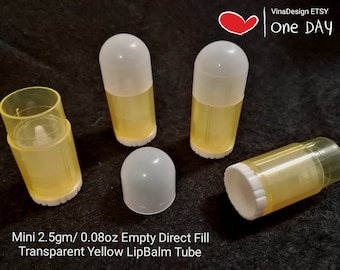 May include: Four empty transparent yellow lip balm tubes with white caps. The tubes are 2.5 grams or 0.08 ounces each. The tubes are labeled "Mini 2.5gm/0.08oz Empty Direct Fill Transparent Yellow LipBalm Tube".