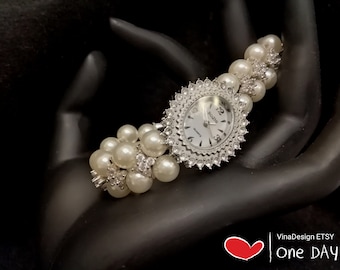 Pearl Bead Bracelet Diamond Watch White Pearl Diamond Oval Watch Beaded Bracelet Watch Diamond Silver Watch Oval Shape Women Watch Wedding