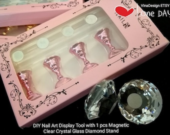 DIY Nail Art Holder Set w/1 Magnetic Clear Crystal Glass Diamond Stand False Nail Art Display Tool Nail Art Practice Stand False Nail Holder