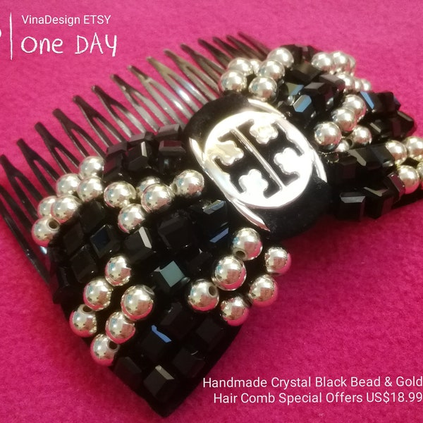 Handmade Crystal Black Bead & Gold Bead Bow Hair Comb Big Hair Bow Bling Bling Bow Hair Comb Hair Bow  Barrette Comb Black Crystal Bow Comb