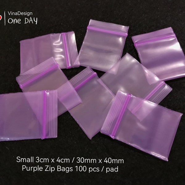 100 pcs Mini 3cmx4cm Purple Zip Bag Plastic Zip Bag Transparent Purple Polly Bag Thick Zip Bag Reusable Plastic Bag Tiny Parts Storage Bag