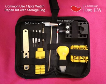 Common Watch Repair Kit w/ Storage Bag 11pcsWatch Repair Tools Watch Case Watch Opener Mini 5mm Watch Opener Soft Hammer Watch Metal Hammer