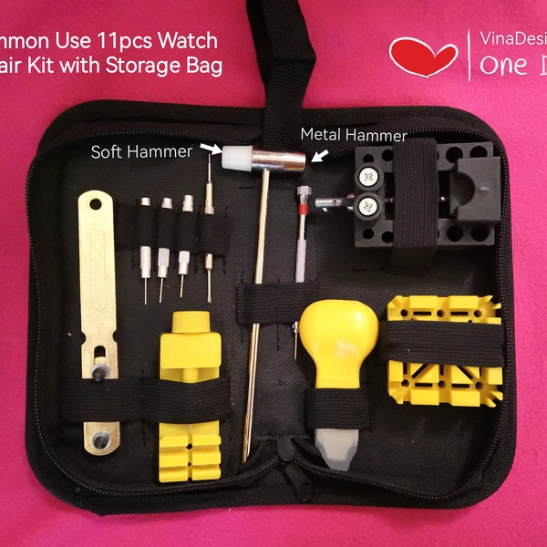 Common Watch Repair Kit w/ Storage Bag 11pcsWatch Repair Tools Watch Case Watch Opener Mini 5mm Watch Opener Soft Hammer Watch Metal Hammer