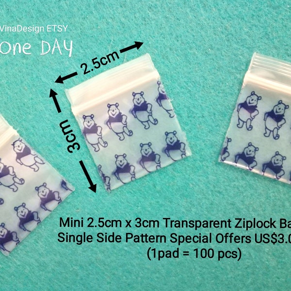 Mini Plastic Zip Bag Purple Bear Pattern Single Side Pattern 2.5cmx3cm 100pcs Mini Resealable Plastic Bear Transparent Resealable Bag