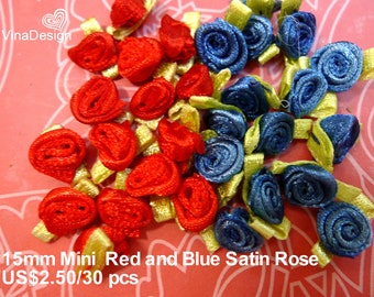 15mm Mini Red Rose Flower Mini Blue Rose Flower Mini Ribbon Red Rose Mini Satin Red Rose With Leaf Blue Rose With Leaf Handmade Mini Flower
