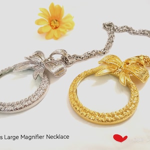Ribbon Look  8x Magnifier Necklace Glass Magnifier Glass Pendant Magnifying Necklace Metal Magnifier Necklace Bow Shape Pendant Gift for Her