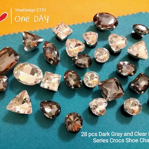 28 pcs Dark Gray /Clear Diamond Series Croc Shoe Charm Set Glass Diamond Croc Shoe Charm Bling Bling Shoe Charm Set Large Diamond Shoe Charm