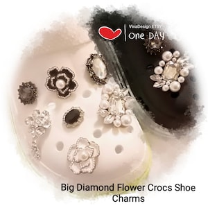 Big Diamond Flower Crocs Shoe Charms Pearl Diamond Shoe Charms Daisy Flower Shoes Charms Hole Shoes Decor Black Rhinestone Crocs Shoe Charm