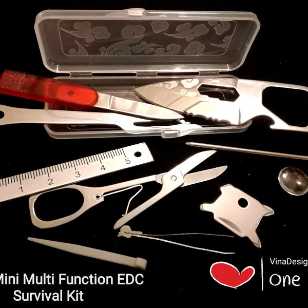 Mini EDC Multi Function Tool Outdoor Fork Mini Ruler Mini Tweezer Mini Screwdriver Mini Scissors Hiking Survival Kit Storage Box Gift Idea