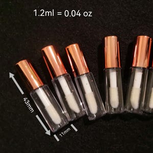 May include: Six clear, 1.2 ml lip gloss tubes with rose gold caps. The tubes are 4.3 cm tall and 1.1 cm wide. The text "1.2 ml = 0.04 oz" is printed on the top of the image.