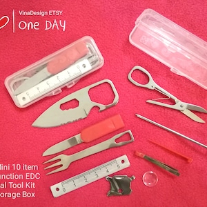 Super Mini 10pcs Multi Function EDC Survival Kit w/Storage Box Mini Ruler Mini Tweezer Mini Screwdriver Scissors Hiking Fork Women Gift Idea