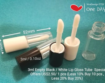 May include: Empty black and white lip gloss tubes with a clear applicator wand. The tubes are 3 ml or 0.10 oz. and measure 52 mm in length and 15 mm in diameter. 3ml Empty Black / White Lip Gloss Tube Special Offers US$2.50/1 pcs (Less 10% Buy 10 pcs, Less 20% Buy 20%)