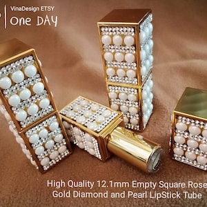 12.1mm Empty Square Rose Gold Diamond & Pearl LipStick Tube Bead Diamond Lip Stick Tube Square Diamond Lipstick Square Pearl LipStick Bottle