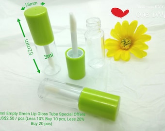 May include: Three clear plastic lip gloss tubes with green caps. The tubes are 5.2 cm tall and 1.5 cm in diameter. The tubes are labeled "3ml".