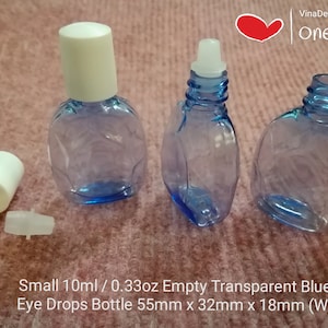 May include: Three empty transparent blue plastic eye drop bottles with white caps. The bottles are 55mm x 32mm x 18mm. Small 10ml/0.33oz Empty Transparent Blue Eye Drops Bottle 55mm x 32mm x 18mm (W)