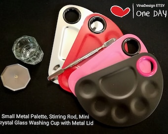 Color Small Metal Palette Tool Set Small Metal Palette Metal Stirring Rod Mini Crystal Glass Washing Cup with Metal Lid Half Round Palettes