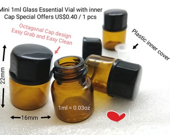 Mini 1ml / 0.033oz Brown Glass Essential Oil Vial W/ Inner Cover  Prevent Leagkage Octagonal Cover Design Easy Clean & Grab Thick Glass Vial