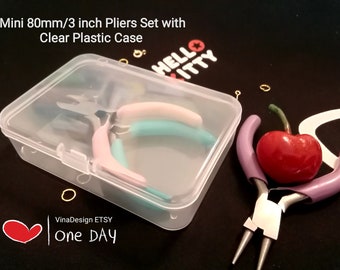 May include: A mini pliers set in a clear plastic case. The set includes three pairs of pliers with pastel-colored handles. The text on the image reads "Mini 3 inch Pliers Set with Clear Plastic Case".