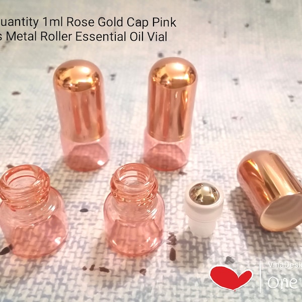 Mini 0.033oz/ 1ml Rose Gold Cap Pink Glass Metal Roller Essential Oil Vial Roll On Pink Essential Oil Vial Pink Roll On Essential Oil Bottle