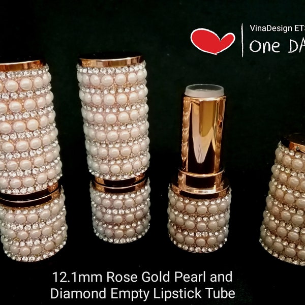 12.1mm Rose Gold Pearl & Diamond Empty Lipstick Tube Pearl Bead Diamond Lip Stick Tube Rose Gold Lipstick Tube Round Diamond Lipstick Bottle