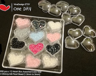 10,000pcs 12 Heart Box Assorted Color 1.5mm-3mm Nail Art Shinny/AB Pearl Bead Nail Art AB Pearl Bead Nail Art Semicircle Bead Glue on Bead