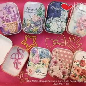 Small Metal Storage Box w/5 pcs Cute Paper Clip Small Metal Container Flamingo Paper Clip Small Metal Case Ribbon Paper Clip Christmas Gift