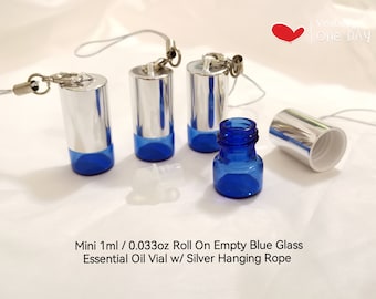 Mini 1ml Roll On Empty Blue Glass Essential Oil Vial w/ Silver Hanging Rope Mini Essential Oil Bottle Glass Roller Hanging Essential Bottle