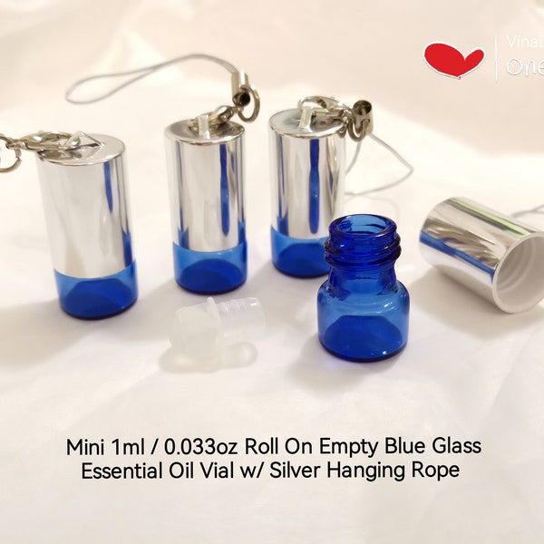 Mini 1ml Roll On Empty Blue Glass Essential Oil Vial w/ Silver Hanging Rope Mini Essential Oil Bottle Glass Roller Hanging Essential Bottle