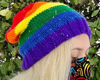 Gay Pride Rainbow Striped Handknit Slouchy Beanies| LGBTQ+ Pride Flag | Toques | Hats for Teens & Adults | Subtle Queer Gift